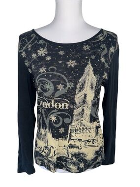VTG Suzee Petite London Big Ben Graphic Top Rhinestone Long Sleeve PL Whimsy